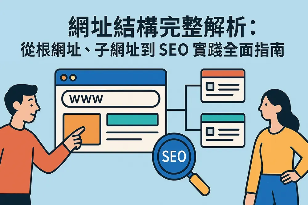網址結構完整解析封面圖，展示根網址、子網址與 SEO 實踐指南的核心概念