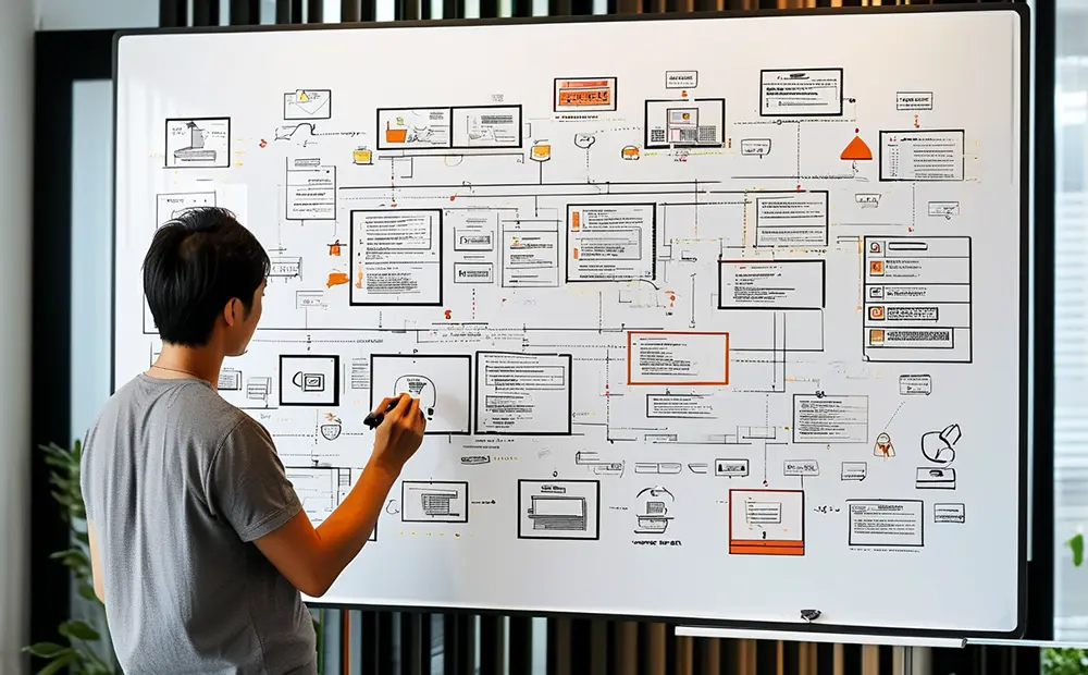 一個人在白板上繪製網站架構流程圖，包含頁面、導航和資料庫等元素，背景為現代辦公室。