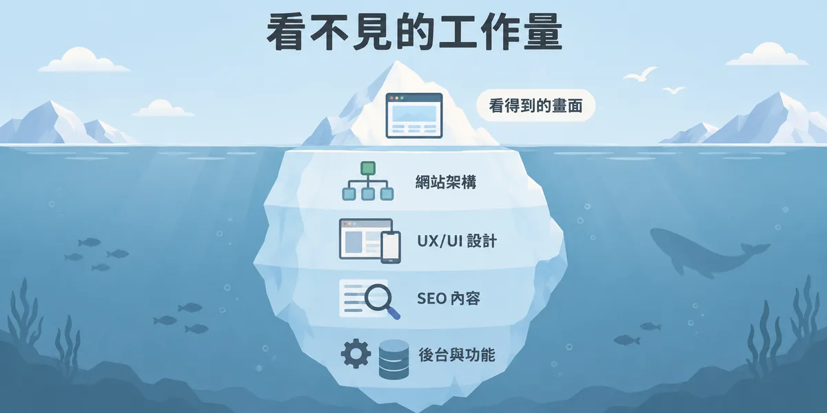 網站報價的冰山示意:水面上只是看得到的網頁畫面,水面下還有網站架構、UX/UI 設計、SEO 內容、後台與功能開發等工作量,這是報價差距大的主因。
